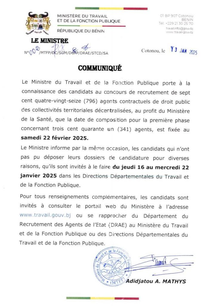 Bénin : concours de recrutement de 796 agents contractuels de droit public des collectivités territoriales décentralisées au profit du Ministère de la Santé, la date de composition fixée Bénin : concours de recrutement de 796 agents contractuels de droit public des collectivités territoriales décentralisées au profit du Ministère de la Santé, la date de composition fixée